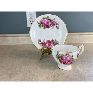 Fine Bone Crown  China White w/Pink Cabbage Roses Tea Cup And Saucer Set